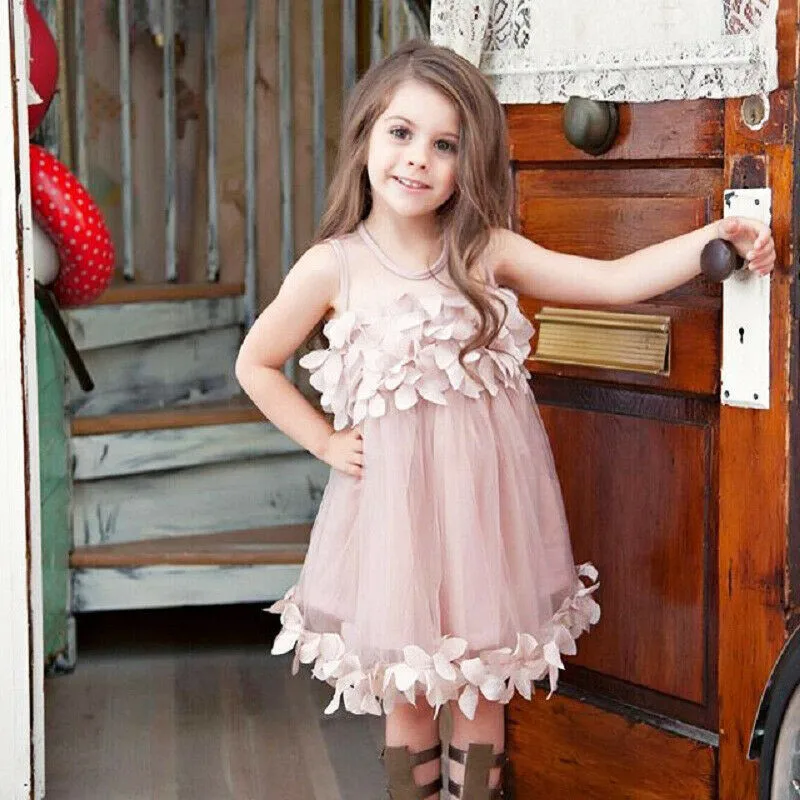Кружевные платья принцессы с лепестками летние однотонные платья-пачки из тюля без рукавов для девочек от 1 до 7 лет вечерние платья Vestidos