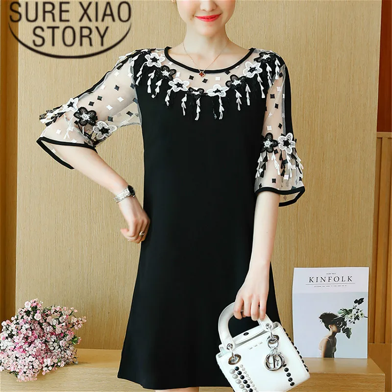 

Women dress 2019 Straight Patchwork lace dress elegant Half Flare Sleeve Office Lady O-Neck black dress plus size 2724 50