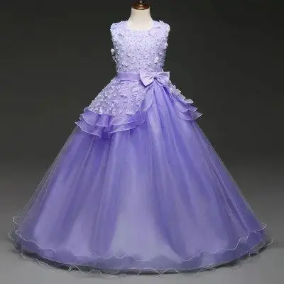 Белое платье на свадьбу для девочек, летние длинные вечерние платья, платье принцессы с цветочным рисунком для детей 5, 6, 7, 8, 9, 10, 12 лет, для подростков - Цвет: Фиолетовый