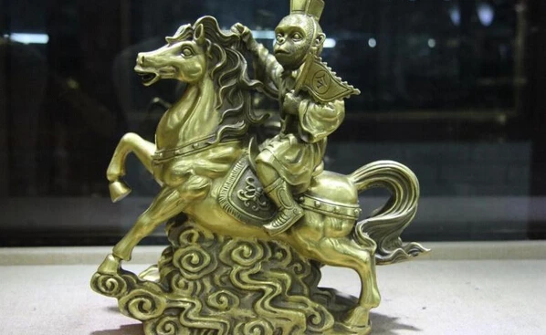 

song voge gem S1169 Chinese Copper Brass Feng shui Zodiac Year monkey Ride Horse Statue sculpture