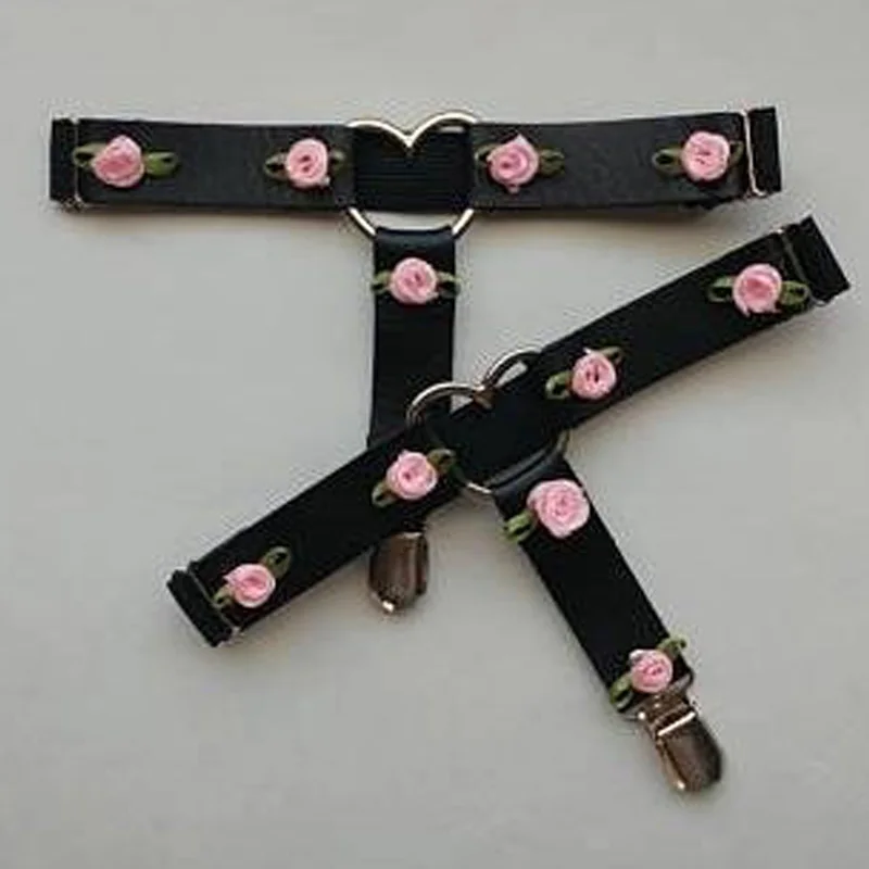 extended Faux leather heart and roses leg garters. Ddlg fetish kinky punk vegan bdsm