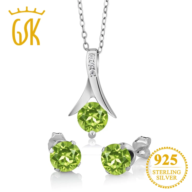 GemStoneKing 3.00 Ct Round Natural Green Peridot Pendant and Earrings