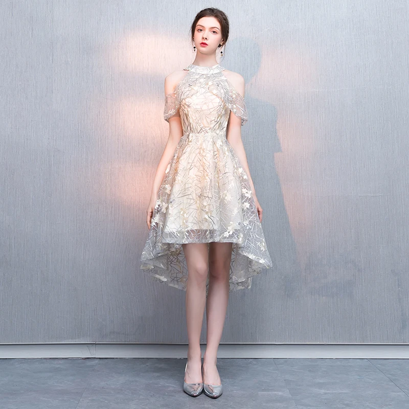 

Robe De Soiree 2019 New Champagne High Neck Sleeveless Front Short Back Long Party Prom Lace Evening Dresses LF337