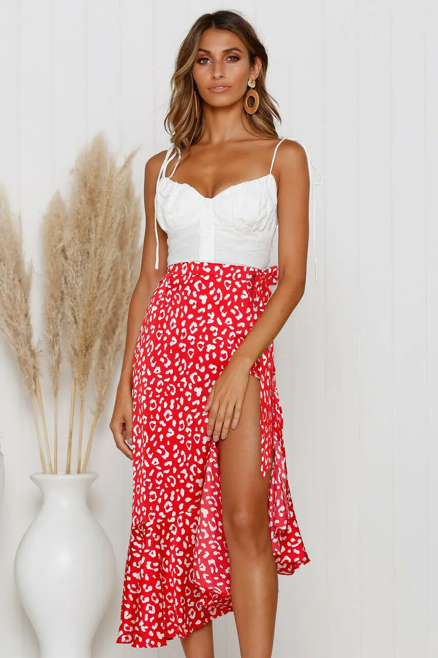 New Ladies Boho Floral Jersey Chiffon A-line One-piece Wrap Gypsy Ankle Long Maxi Split Full Summer Beach Women Sun Skirt