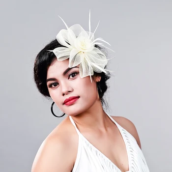 

Women Fancy Feather Fascinator Hat beige flower Wedding Hat and Fascinators White Net Hair Accessories for Bridal Free shipping