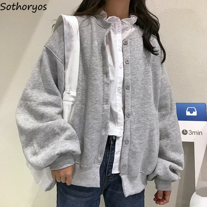 

Hoodies Women Solid Simple All-match Single Breasted Korean Style Zip-up Womens Puff Sleeved Chic Students Sweatshirts Ulzzang