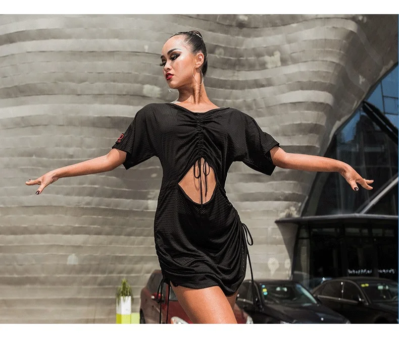 Черное платье для латинских танцев, короткий рукав, открытая одежда для латинских танцев, одежда для самбы сальсы, ча-ча, Женская Одежда для танцев, одежда для ча-ча, DN3986