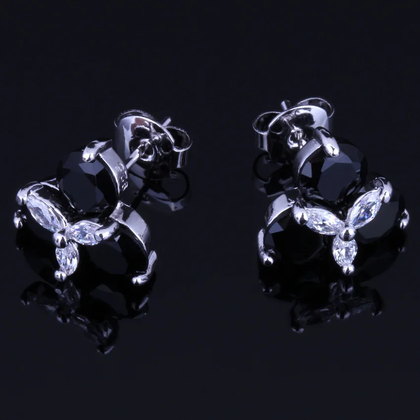

Flawless Black Cubic Zirconia White CZ Silver Plated Stud Earrings V0174