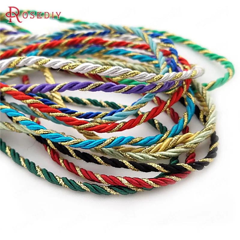 

(30225)20 Meters 3MM 4MM Gold color Thread and Color Polyester Three Strands Twisted Rope Cords Diy Jewelry Findings Accessories