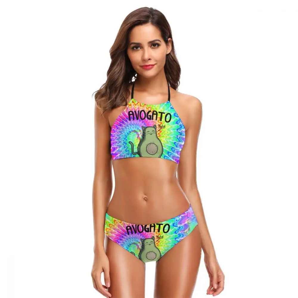

Avocado Cat Swimwear Women Bikini 2019 Mujer Low Waist Sexy Bikini Set Halter 2 Piece Swimsuit Bathing Suit