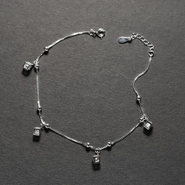 Cube design Anklets in 925 Sterling silver with high luster cz stone 21.5+3cm length for women girls hot sale