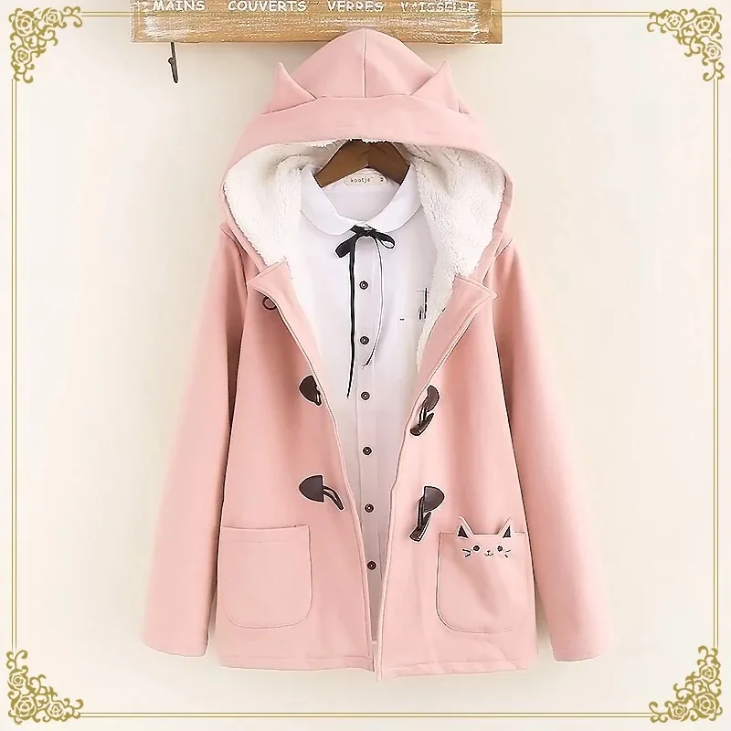 

Lovely cat pockets warm hooded winter coat women jacket horn button plus velvet 3colors M,L