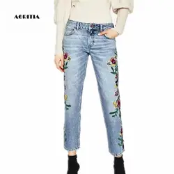 2018 г. женские джинсовые узкие пят Брюки для девочек цветочный Джинсы с вышивкой Femme Джинсы