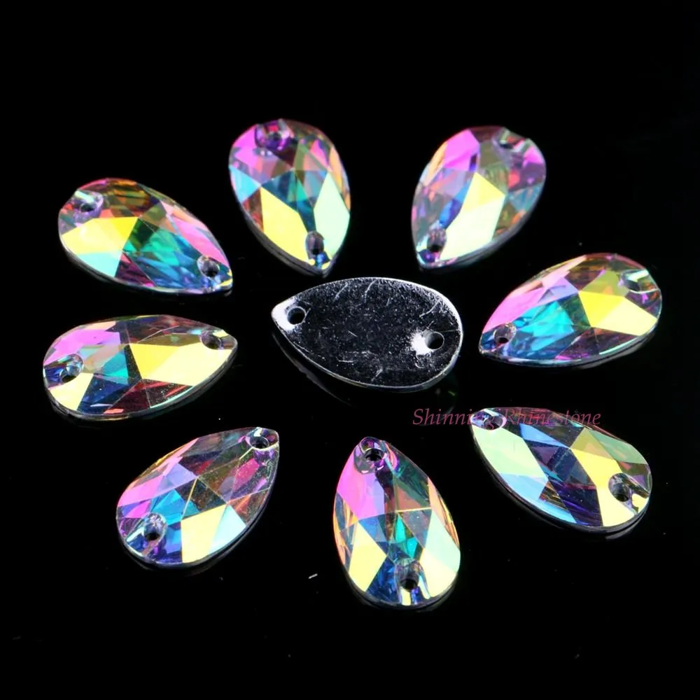 

Teardrop Shape Three Size Crystal AB / Transparent AB Color Sew On Resin Rhinestones With Two Holes Flatback Stones