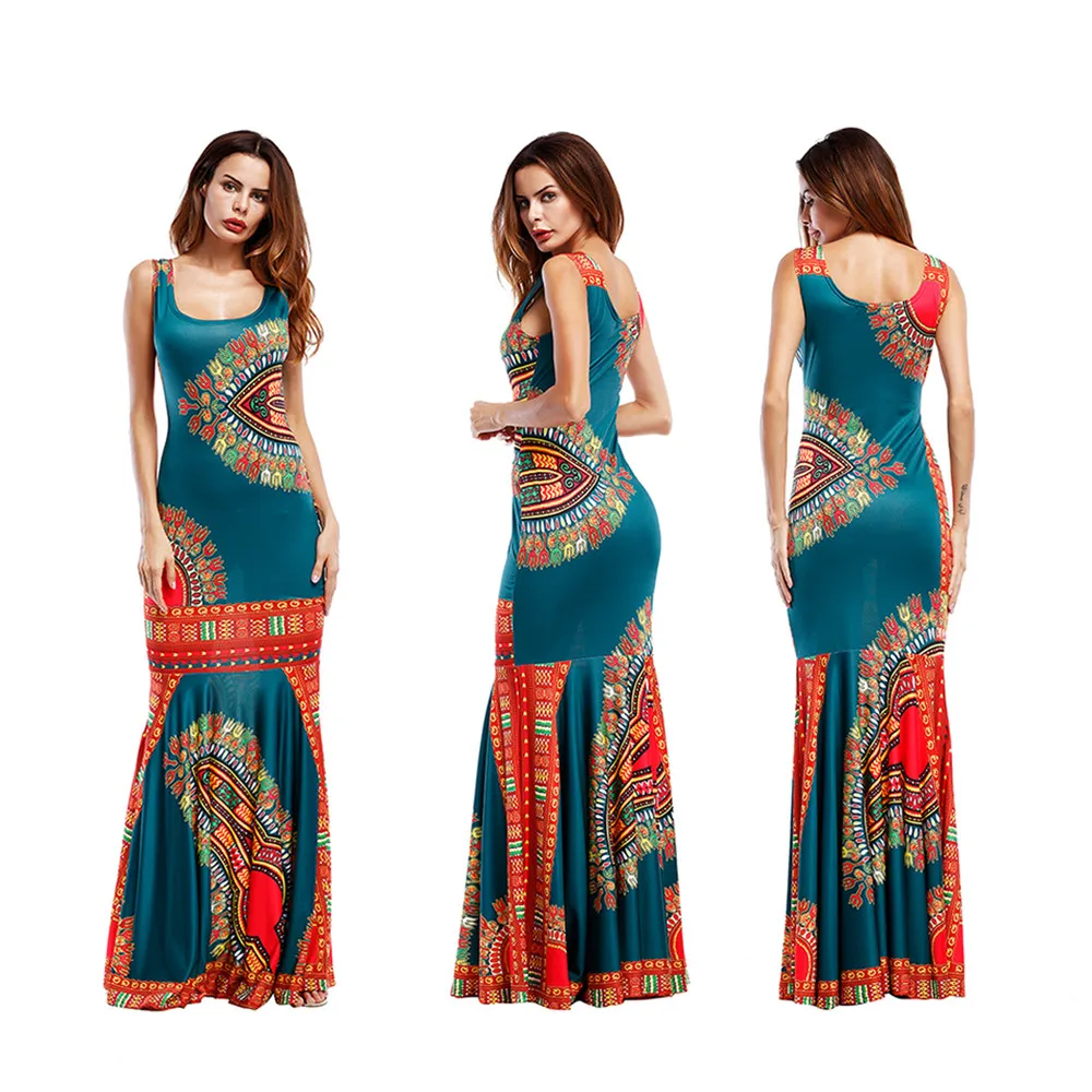Summer Folk African Dress 2017 Print Pencil Bodycon Long Maxi Work Dresses Women Mermaid Sleeveless O Neck Casual Party Dress (39)