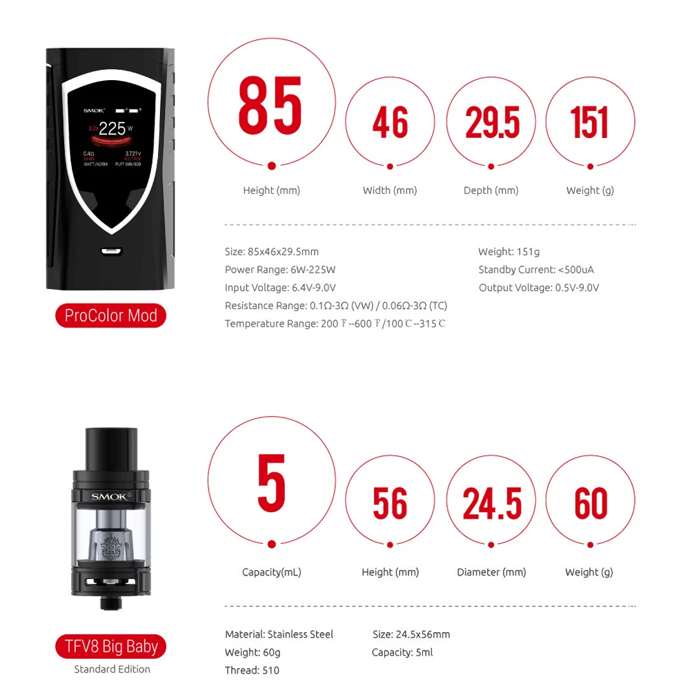 Original Veeape Procolor 225W TC Box Mod Pro Color for Smok  Electronic Cigarette Vape For TFV8 Big Baby Atomizer Tank (10)