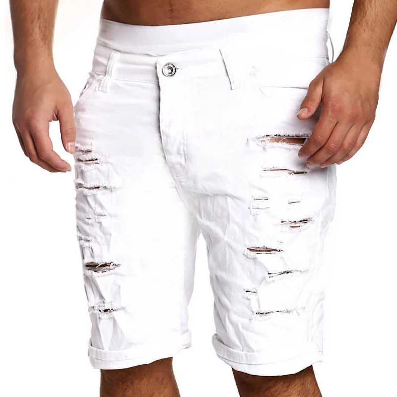 mens white distressed denim shorts