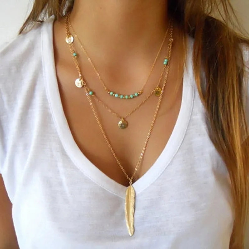 

ZCHLGR Hot Fashion Gold Color Multilayer Coin Tassels Lariat Bar Necklaces Beads Choker Feather Pendants Necklaces For Women