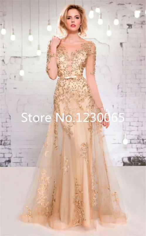 

2016 Mermaid Prom Dress Gold Scoop Long Sleeve Appliques Floor Length Tulle Vestido De Fiesta Robe De Soiree Women