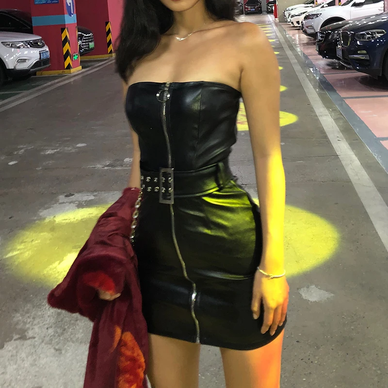 Women Spring Goth Style Black PU Leather Zipper Dress 2019 New Fashion Metal Chain Decoration Punk girl Sleeveless Dress Vestido