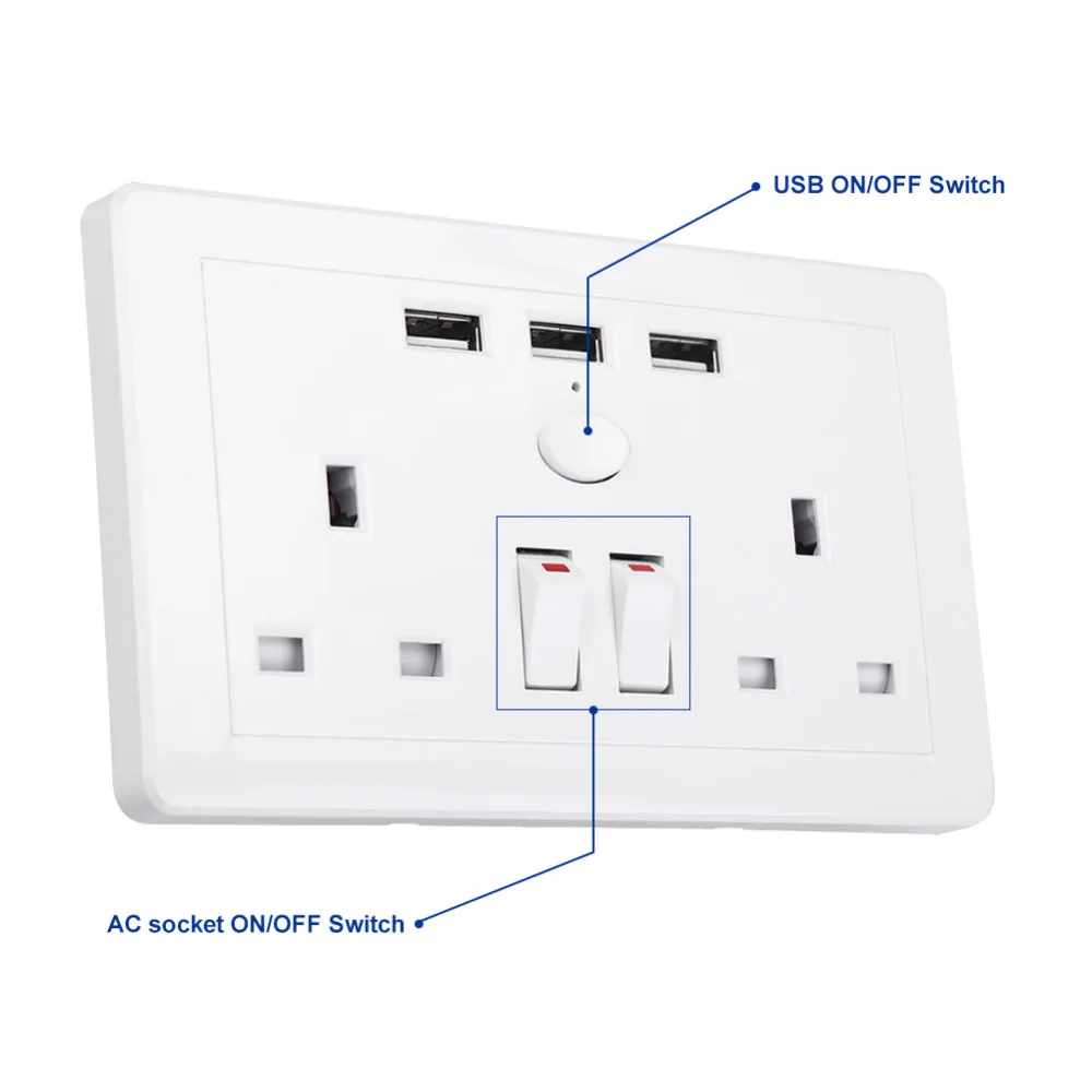 Многофункциональная электрическая розетка с 3 USB портами 110 ~ 250 В переменного