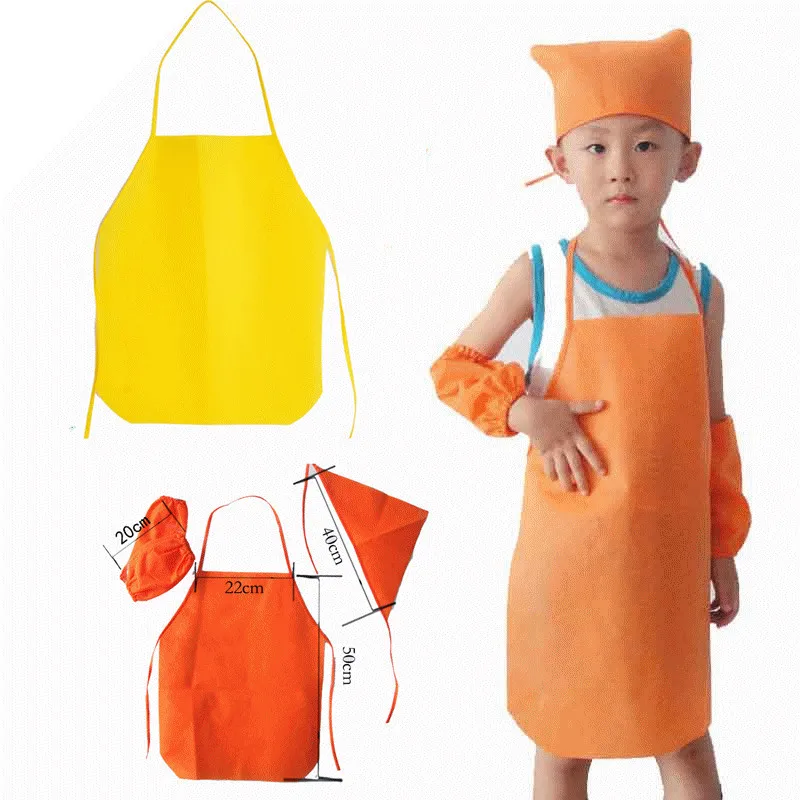 

Non Woven Kitchen Kids Oversleeves Hat Aprons Set Disposable Aprons Cartoon Printed Logo Cooking Apron, custom logo eco Aprons