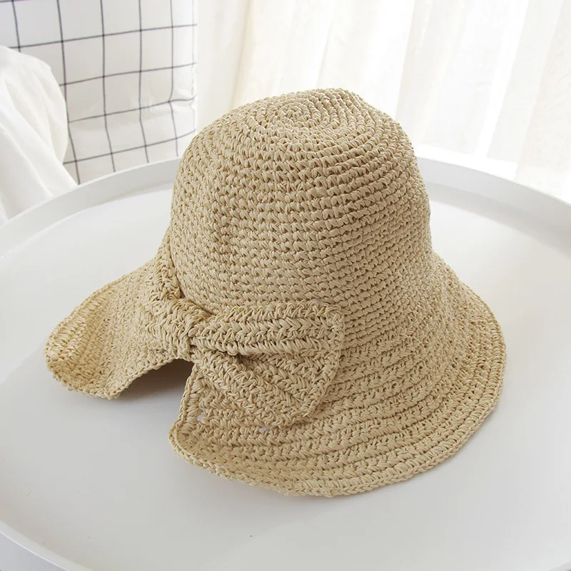 Женская летняя шляпа с широкими полями, рафия, бант, Панама, складная женская шляпа, элегантная соломенная складная шляпа, пляжная шляпа от солнца