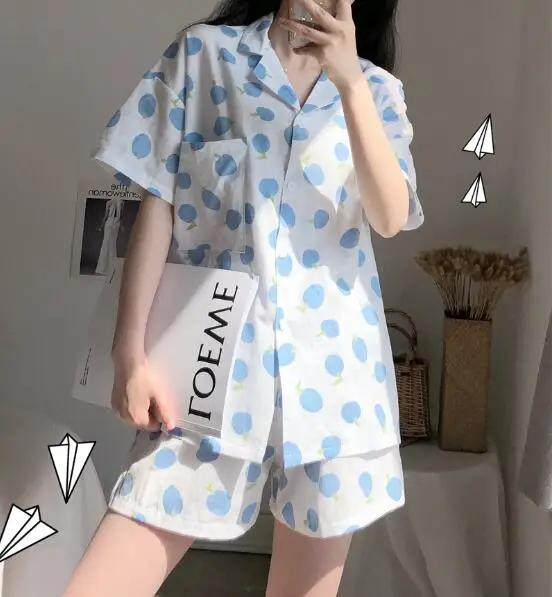 blue with Eye mask Fdfklak, оранжевая пижама с принтом, Женская Хлопковая пижама, набор, повседневная Студенческая одежда для сна, пижама, домашняя одежда пижамы, наборы с маской для глаз - Цвет: blue with Eye mask