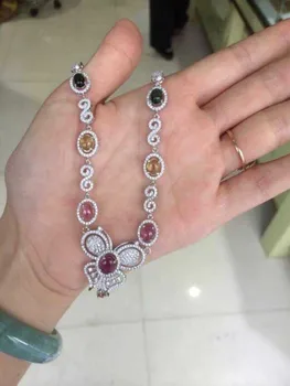 

Natural multicolor tourmal Necklace Natural Gemstone Pendant Necklace S925 sliver women Luxury trendy butterfly party Jewelry