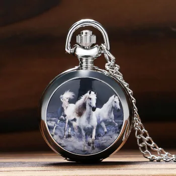 

Vintage Silver Horse Design Quartz Pocket Watch Steampunk Necklace Pendant Fob Watches Clock Chain for Women Men Gifts