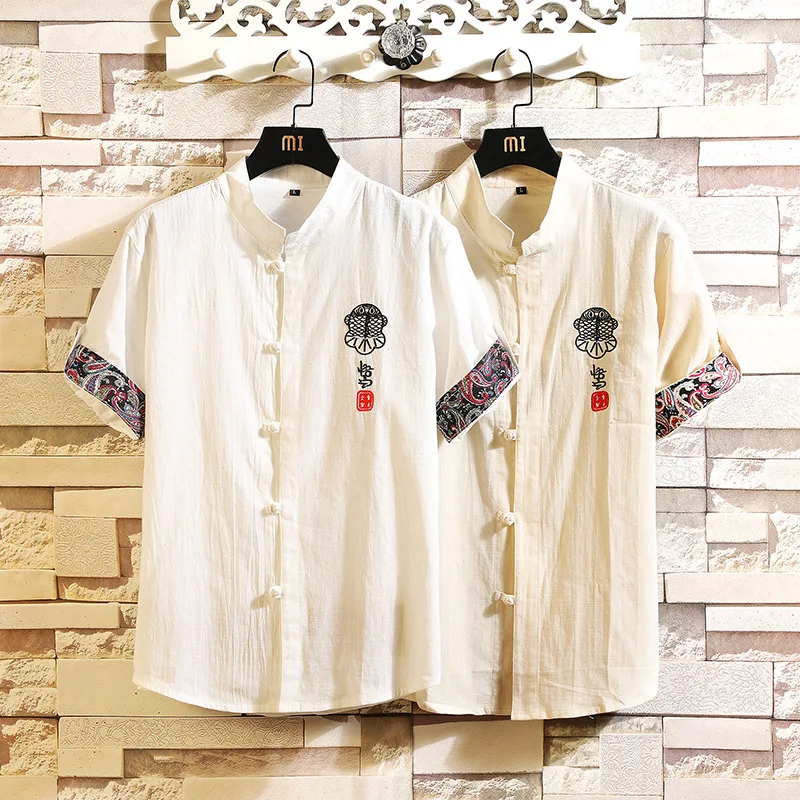

#0101 Summer Vintage Cotton Linen Shirt Men Embroidery Retro Short Sleeve Shirt For Men Slim Plus Size 5XL Casual Stand Collar