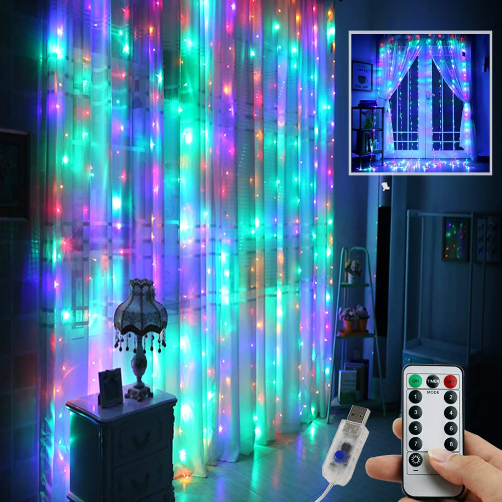 

3MX3M 300LED Remote Control LED Curtain String Lights Sound Music Activated USB Curtain String Lights +Hanging Hook Fairy Lights