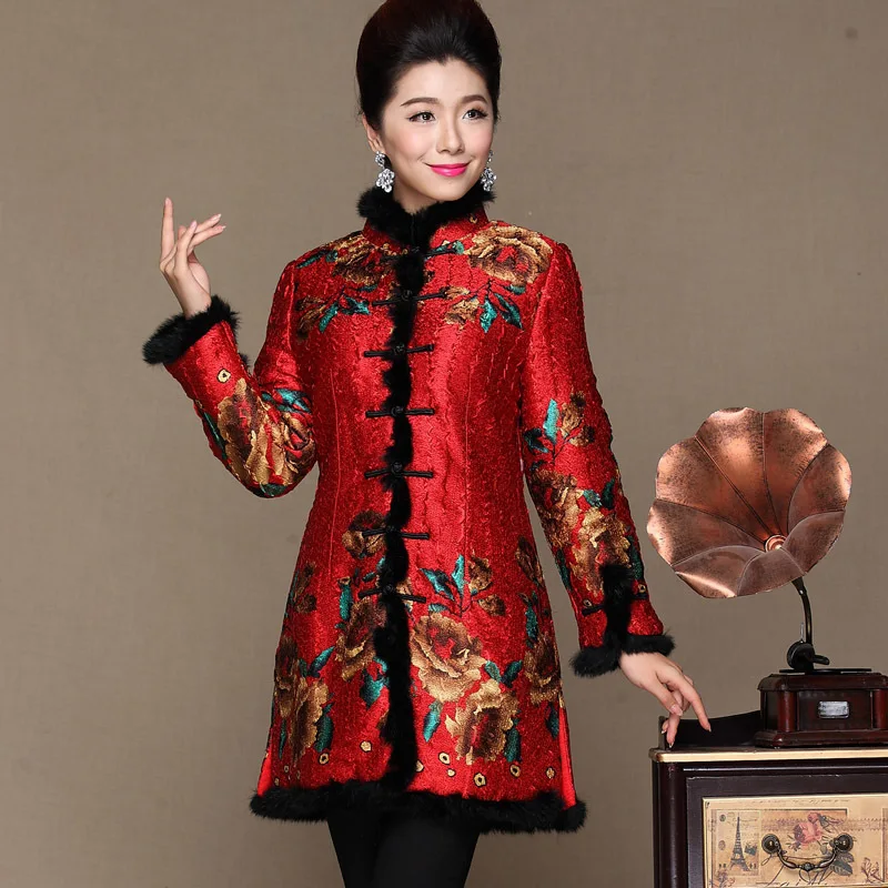 Chinese style Female Long printing Overcoat Winter middle age Women