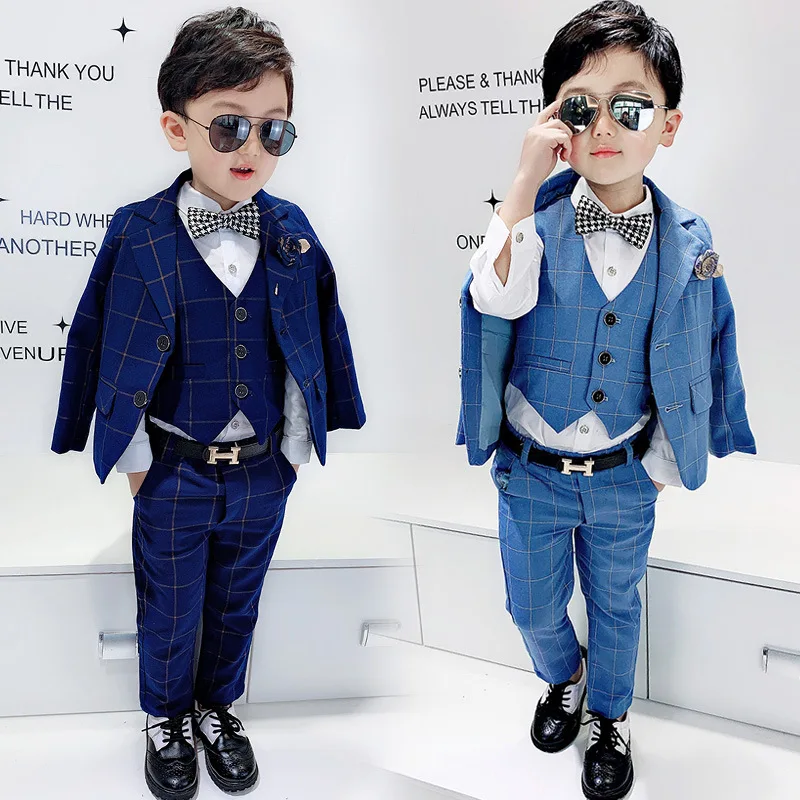 

5PCS kids boys suits boy black Blazers formal wedding plaid suits tuxedo teenage party clothes toddler baby clothing boy blazer