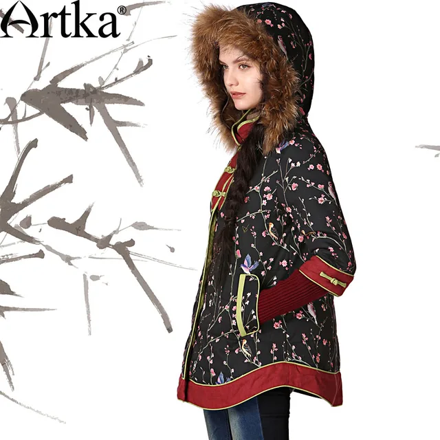 Cheap Artka Women'S Autumn Winter Vintage Fur Hooded Full Sleeve Floral Print Short Zipper Blue Down Coat MA11343D