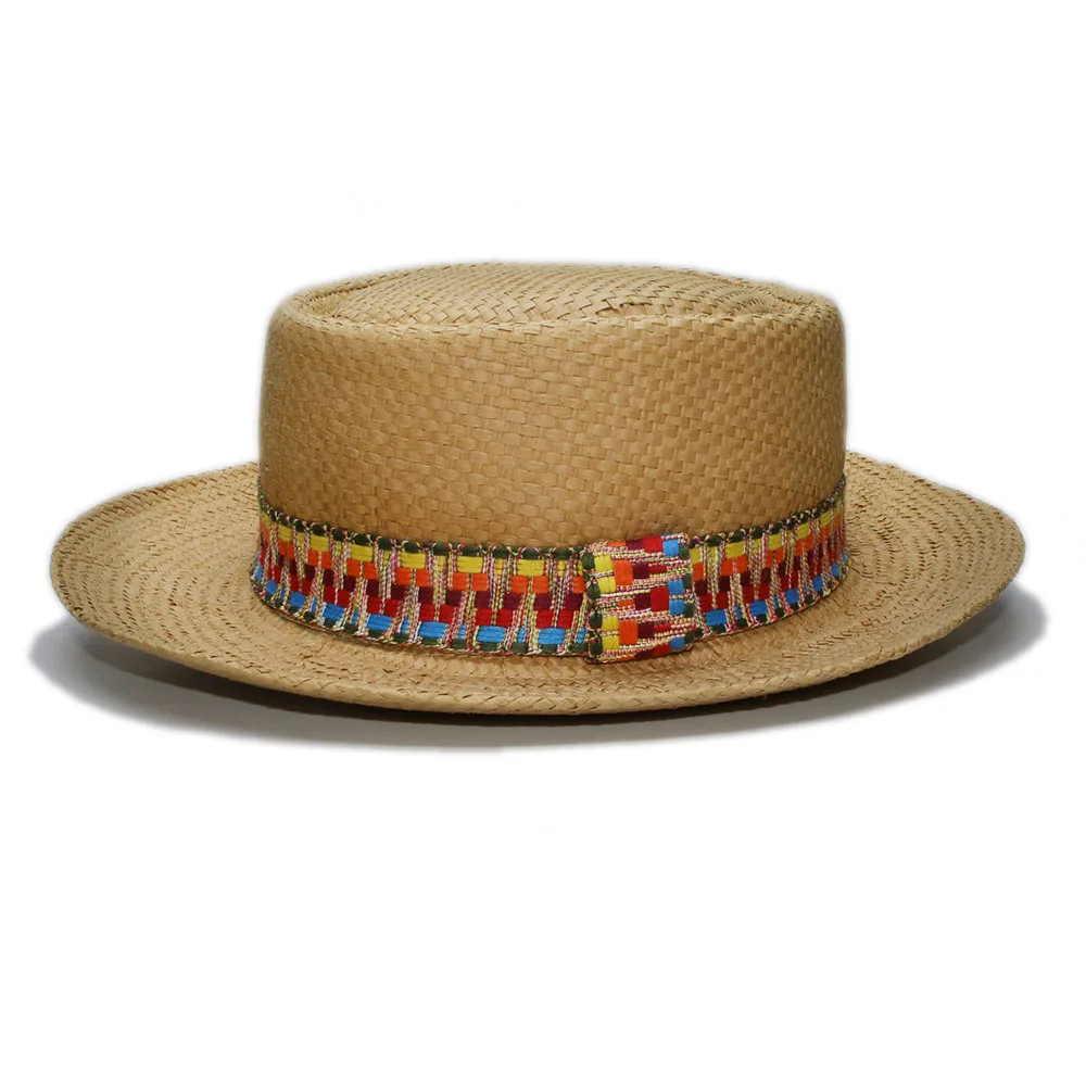 

National Style Big Size Women Men Summer Fashion Raffia Straw Pork Pie Pork-pie Sun Hat Beach Boater Cap Knitted Band 57-60cm