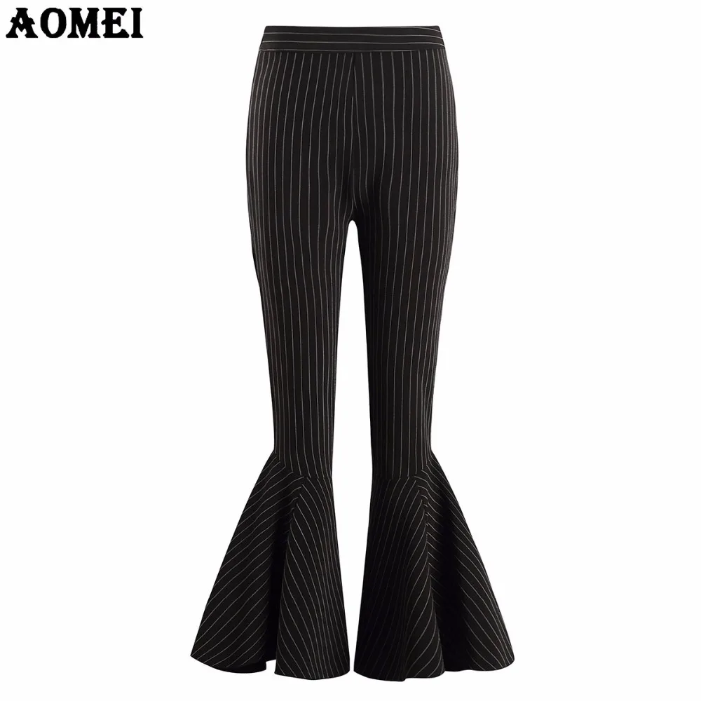 

Women Winter Striped Black Flare Pants Office Lady Spring Work Elegant Fashion Bottom Ruffles Trousers S M L XL 2XL Full Length