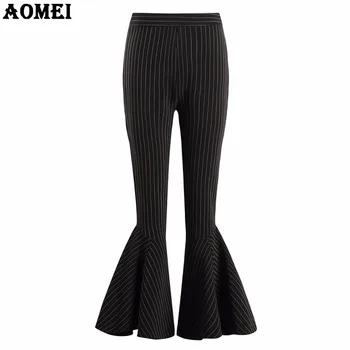 

Women Winter Striped Black Flare Pants Office Lady Spring Work Elegant Fashion Bottom Ruffles Trousers S M L XL 2XL Full Length