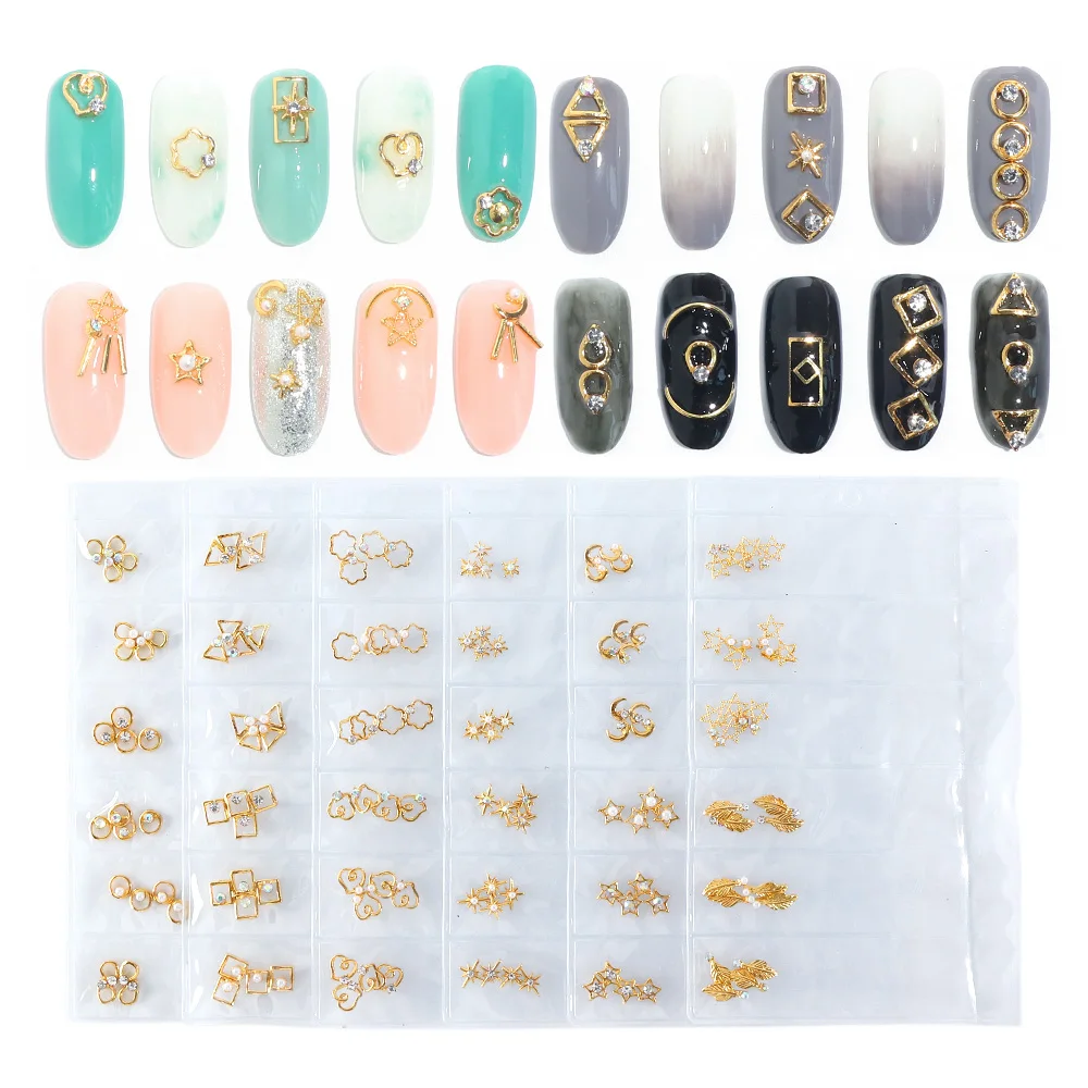 

24pcs 3D Nail Art Decorations Gold Metal Slices Mixed Feather Star Jewelry Rhinestones Crystals Nails Charms Accessories TR971