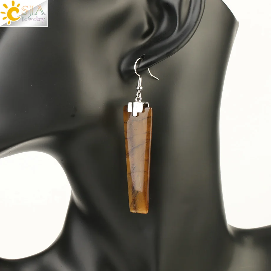 CSJA Natural Crystal Quartz Drop Earring Trapezoid Geometric Long Stone Dangle Earrings Healing Charm Ear Jewelry for Women G150 - Окраска металла: Tiger Eye