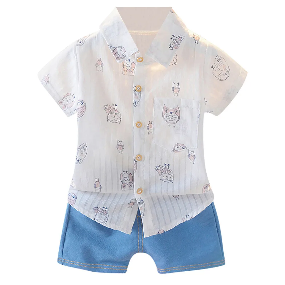 

Cute cartoon animal print top denim shorts suit fashion handsome simple Boys Short Sleeve Print T Shirts Denim Shorts Set F4