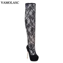 VAMOLASC New Women Spring Autumn Lace Over the Knee Boots Sexy Thin High Heel Boots Elegant Platform Women Shoes Plus Size 34-42
