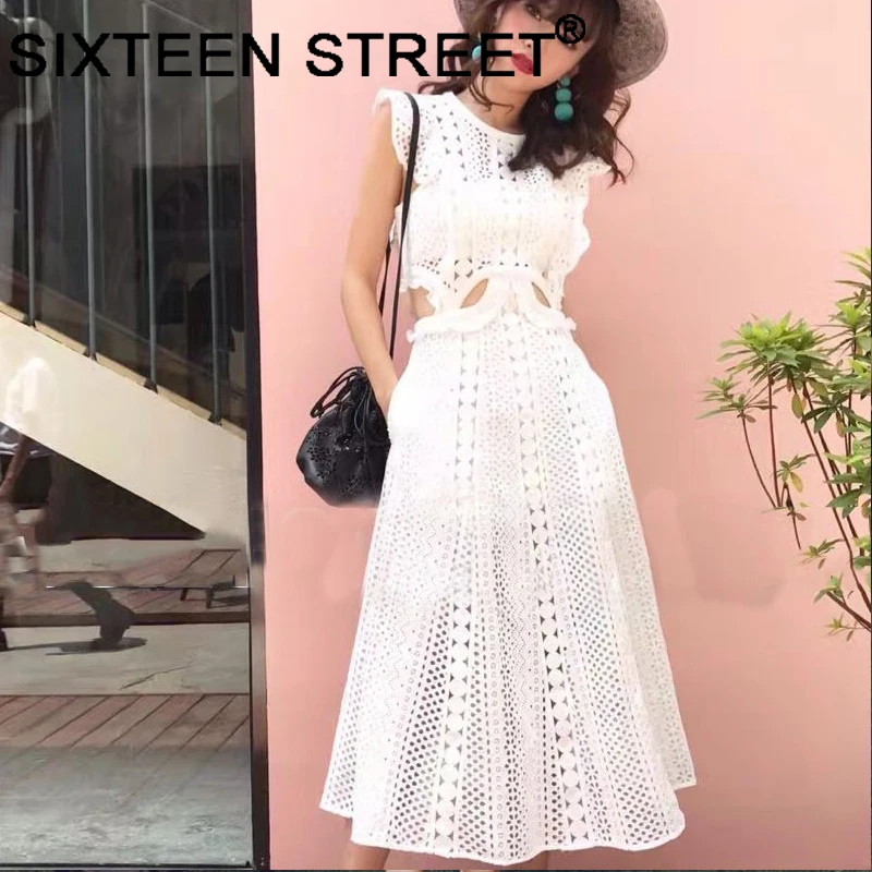 

woman apricot lace dress sleeveless ruffle hollow out sexy high-end dress New autumn street night party vestidos bodycon female