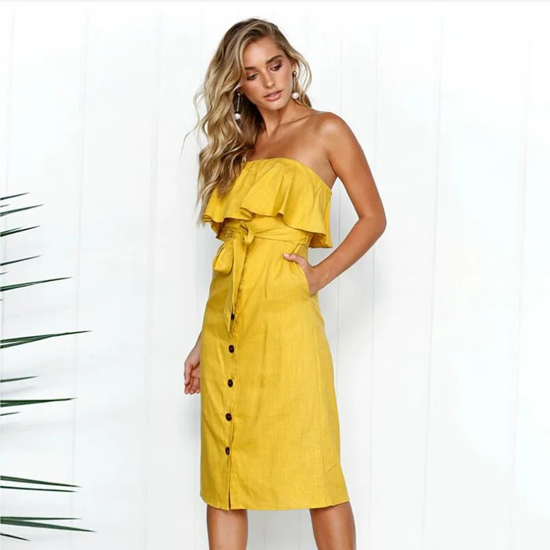 

Elegant Yellow Ruffle Off Shoulder Bow Tie Dress Women 2019 Summer Sexy Strapless Buttons Party Dresses Knee-Length Vestidos