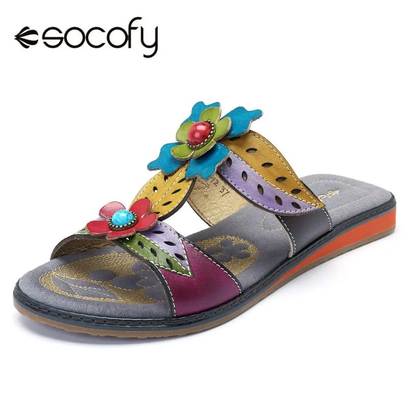 

Socofy Genuine Leather Slippers Women Shoes Vintage Handmade Flower Bohemian Beach Slippers Slides Soft Sole Flats Ladies Shoes