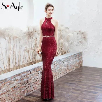 

SoAyle Burgundy Sequin Evening Gown long Mermaid Prom Dress Evening Dress for Women robe de soiree African Evening Dresses