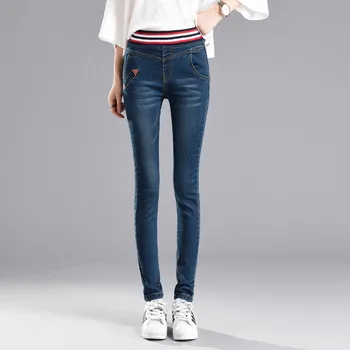 

2018 Women's Jeans New Lady Trousers Casual Elastic Waist Stretch Jeans Plus Size 34 Slim Female Denim Long Pencil Pants W84