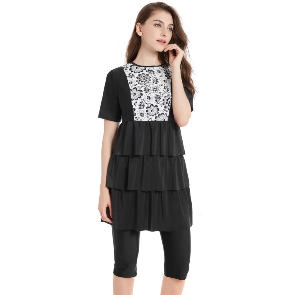 Women Swimwear Muslim Swimwear Plus Size Patchwork Full Cover Short Sleeve Swimsuit Islamic Hijab Burkinis