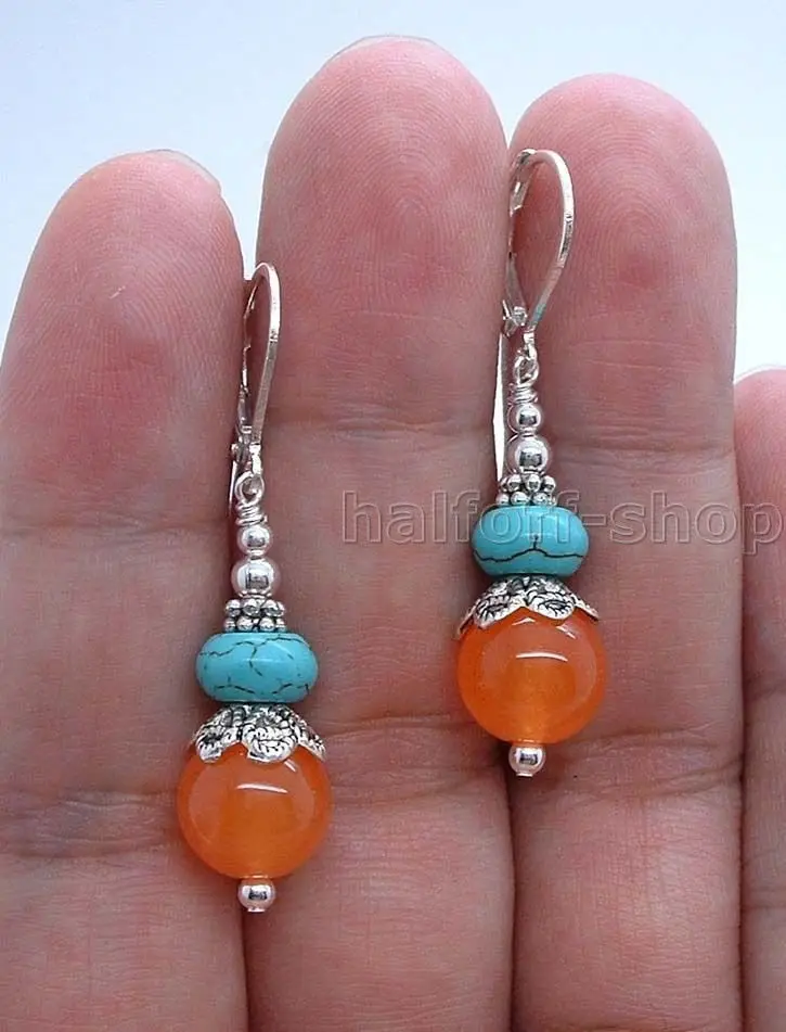 FREE SHIPPING>>> Free shipping Smooth Orange stone Green stone Sterling Silver Earrings Leverbacks