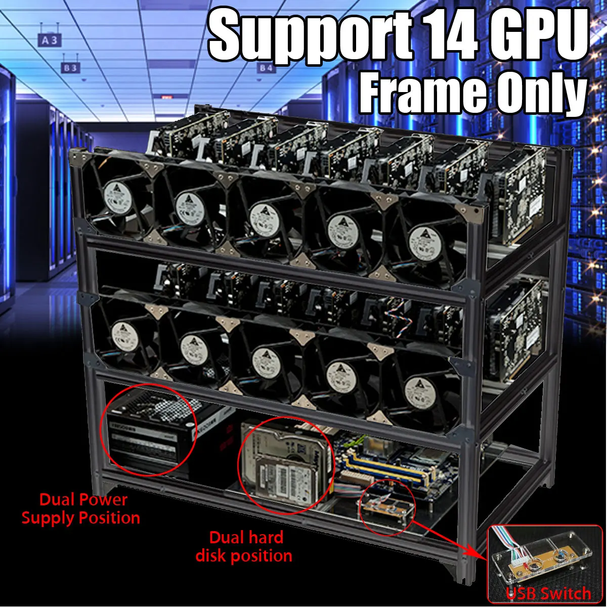 LEORY Brand New USB Switch 14 GPU Open Air Mining Miner Rig Frame Case For ETH Ethereum ZEC Bitcoin Computer Server Chassis LEORY Brand New USB Switch 14 GPU Open Air Mining Miner Rig Frame Case For ETH Ethereum ZEC Bitcoin Computer Server Chassis